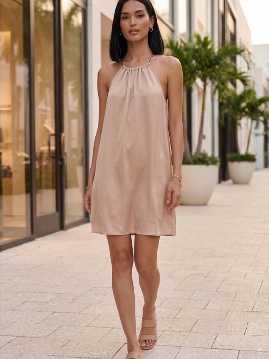Amanda Uprichard Dresses & Skirts - Amanda Uprichard 100% Silk Gold Chain Halter Mini Dress Beige Nude Petite